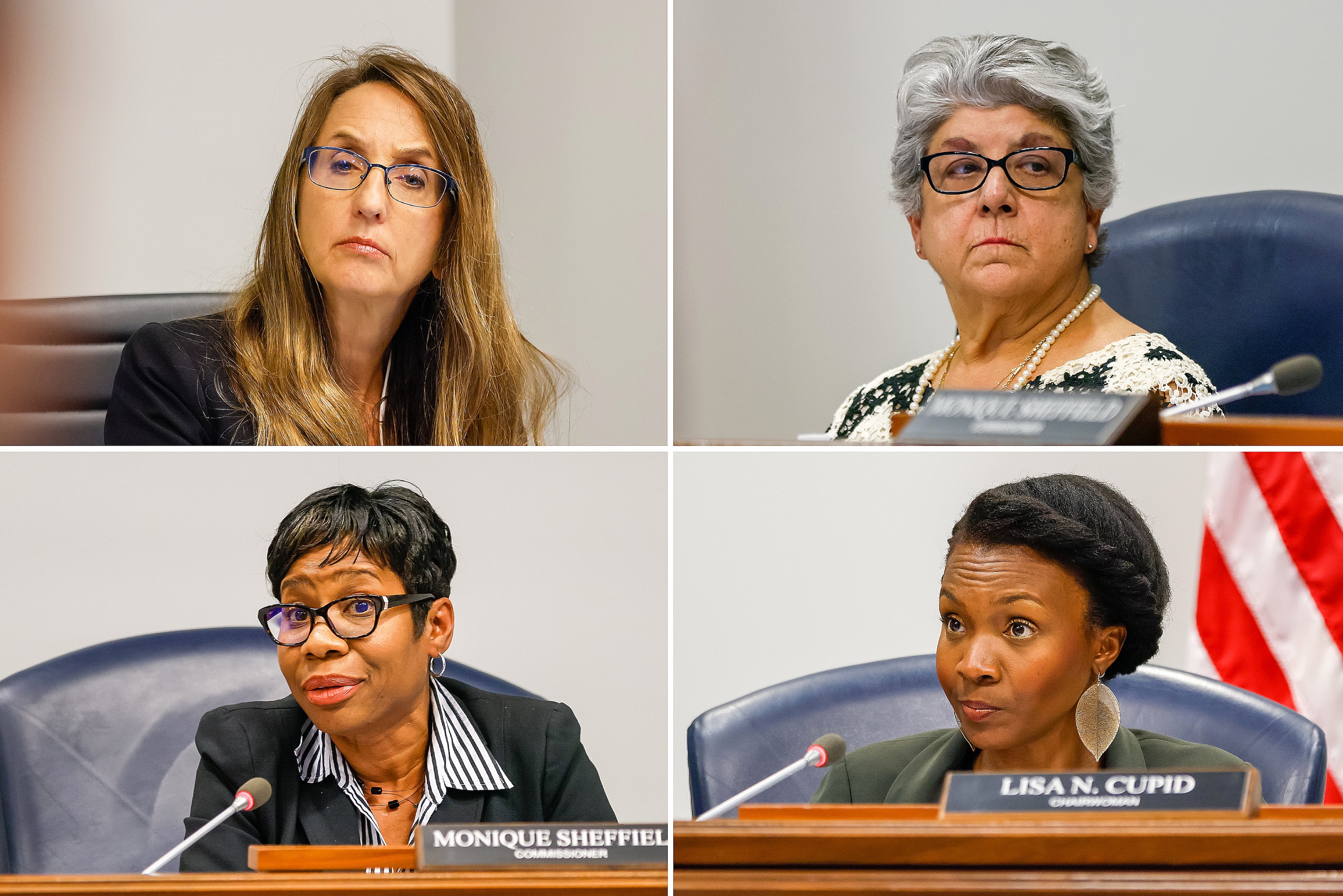 Cobb County Commissioners (top row, left to right): Keli Gambrill, JoAnn Birrell. Bottom row: Lisa Cupid, and Monique Sheffield. Not pictured: Erick Allen. (Arvin Temkar/AJC)