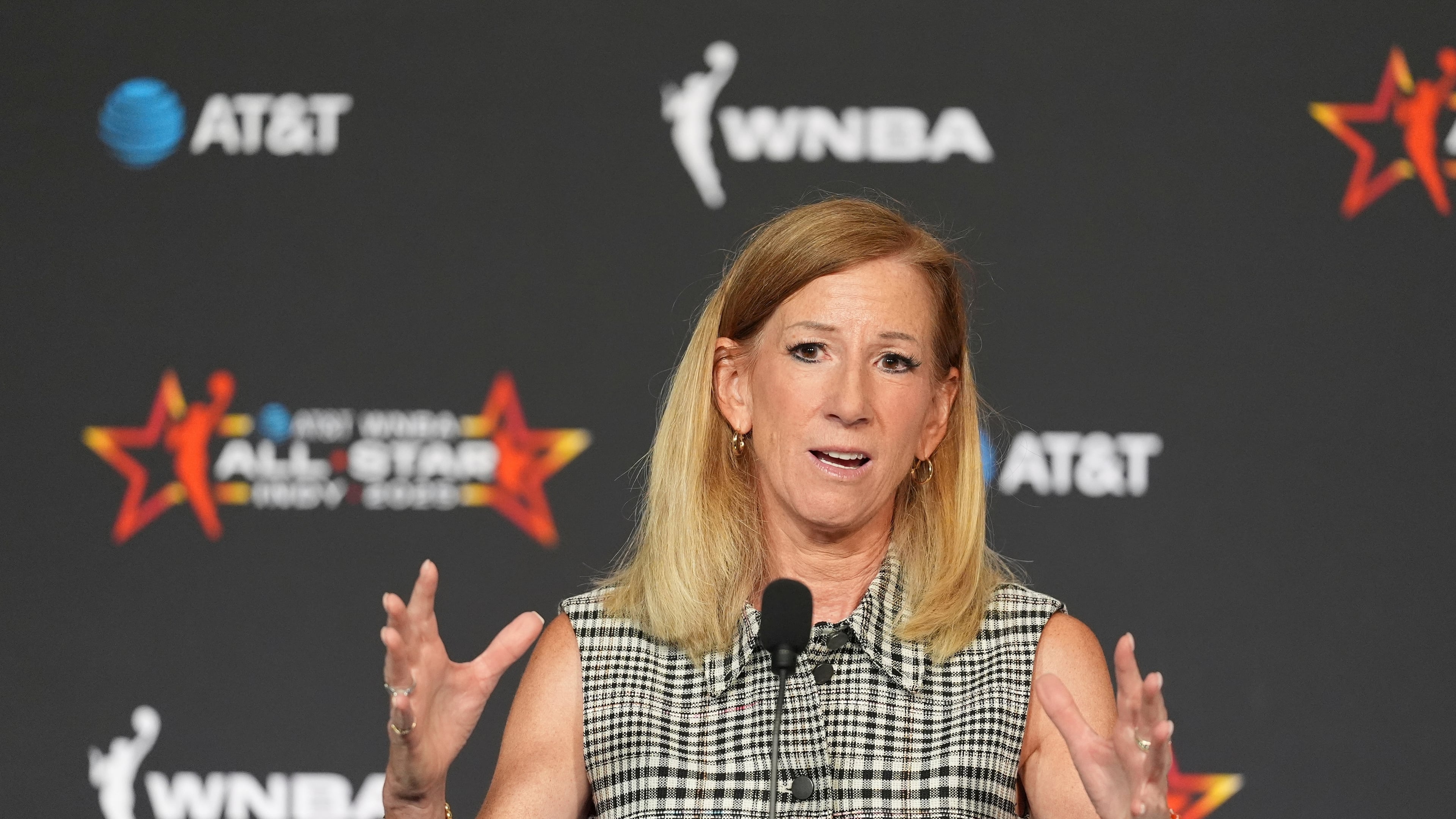 FILE - WNBA Commissioner Cathy Engelbert speaks during a news conference before the WNBA All-Star basketball game, Saturday, July 19, 2025, in Indianapolis. (AP Photo/Michael Conroy, File)