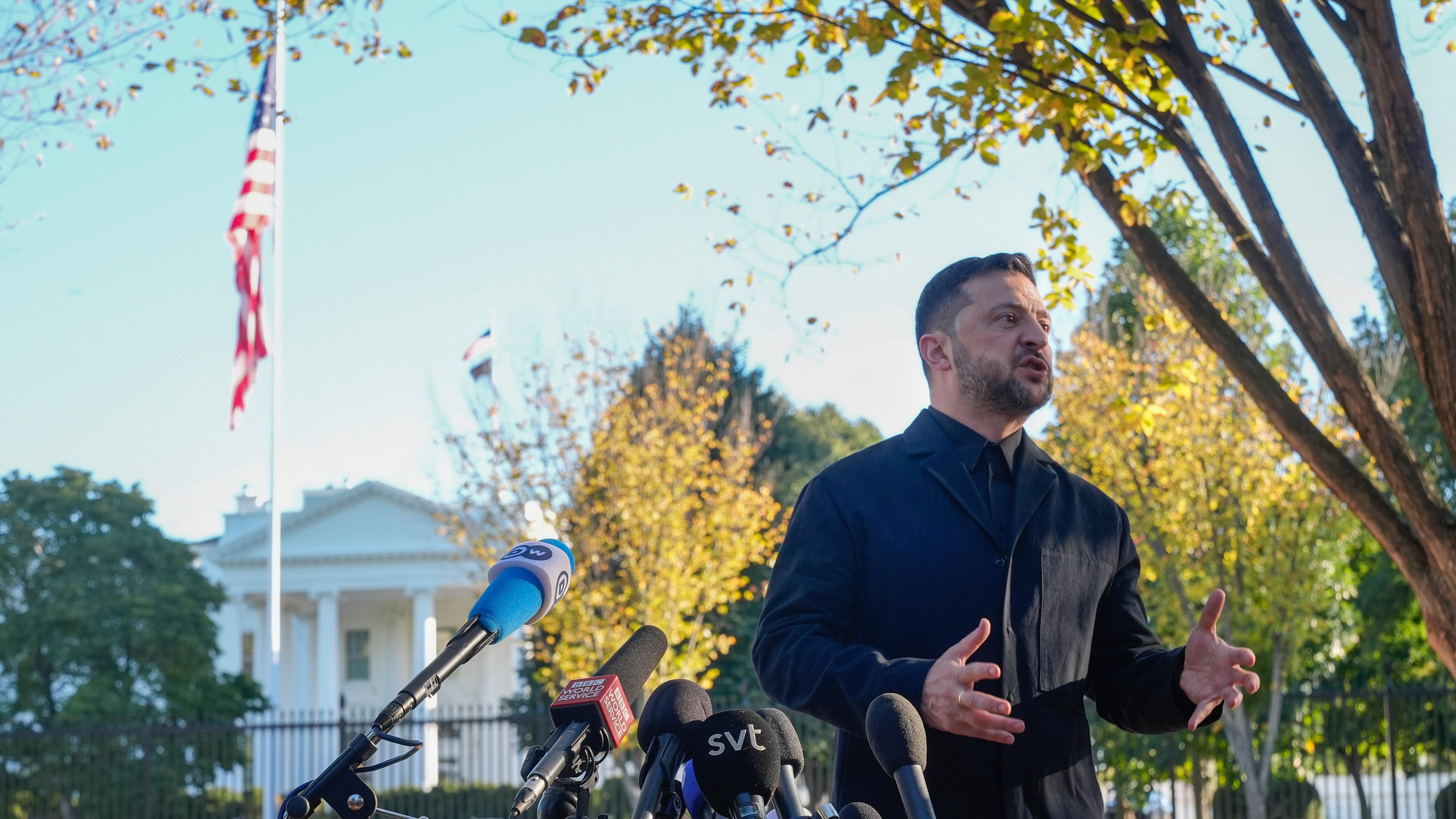 Ukraine's President Volodymyr Zelenskyy speaks to reporters in Lafayette Park across the street from the White House, following a meeting with President Donald Trump, Friday, Oct. 17, 2025, in Washington. (AP Photo/Manuel Balce Ceneta)