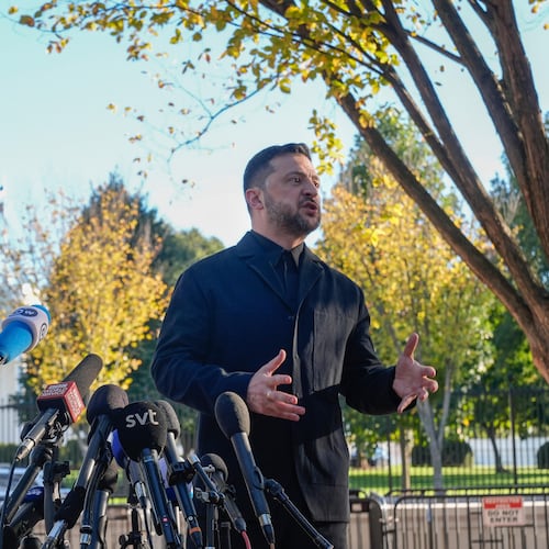 Ukraine's President Volodymyr Zelenskyy speaks to reporters in Lafayette Park across the street from the White House, following a meeting with President Donald Trump, Friday, Oct. 17, 2025, in Washington. (AP Photo/Manuel Balce Ceneta)