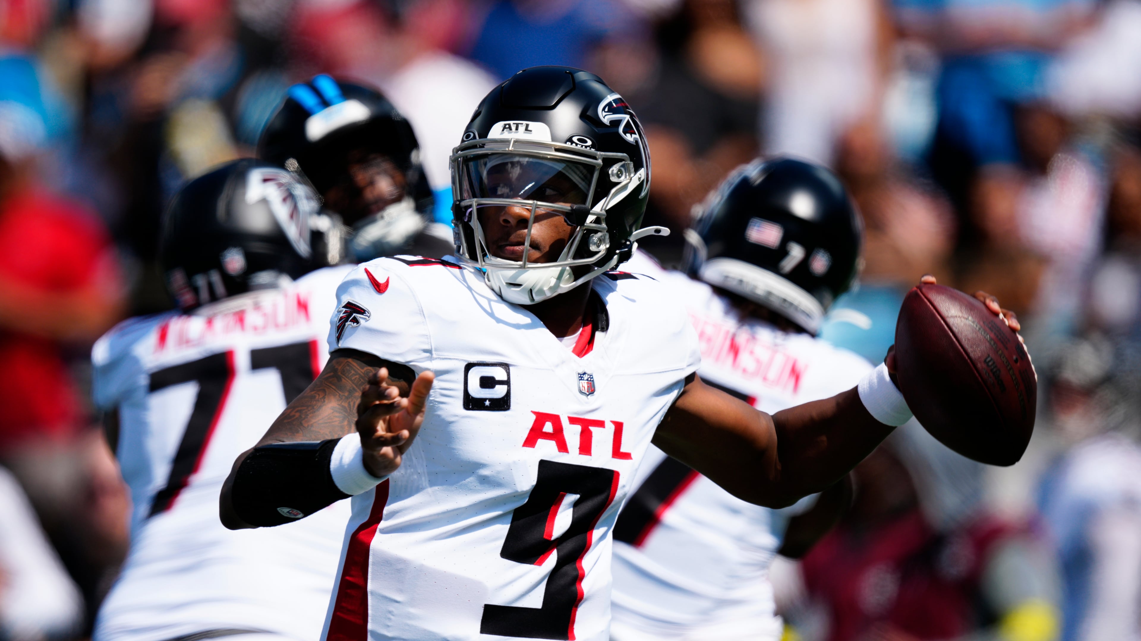 Michael Penix Jr. said the Falcons' offense, starting with him, had to do better after the 30-0 loss to the Panthers on Sunday. (Jacob Kupferman/AP)