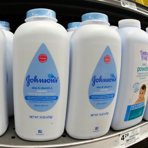 FILE - Johnson's baby powder on display at a market in Pittsburgh, Jan. 26, 2023. (AP Photo/Gene J. PuskarFile)