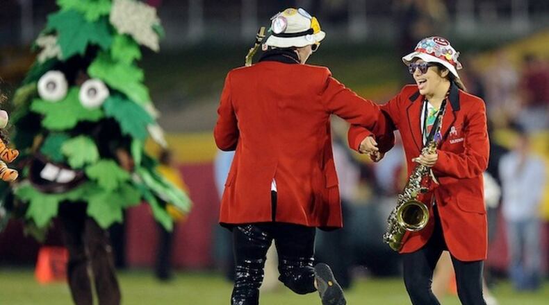 Members of the Stanford band perform at halftime at the Los Angeles Coliseum in Los Angeles, California, on October 29, 2011. They don’t march so much as scatter randomly and wiggle like jellyfish. (Wally Skalij/Los Angeles Times/MCT)