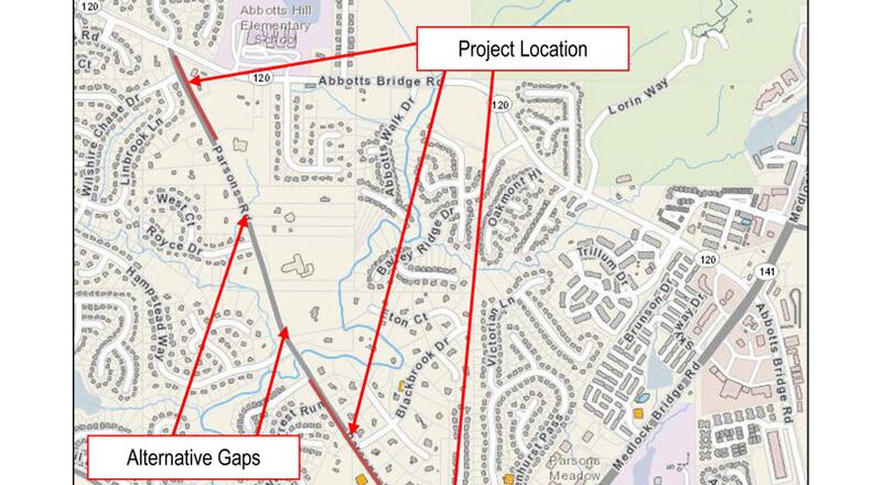Map shows the sidewalk projects approved by the Johns Creek City Council along Parsons Road. CITY OF JOHNS CREEK