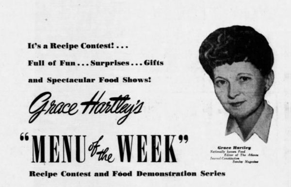 A snippet from a 1950 ad for a recipe contest run by former food editor Grace Hartley for the Atlanta Journal and Constitution Magazine. (AJC archival Image)