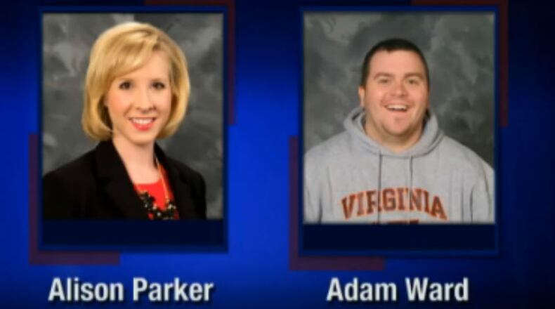 This screenshot from WDBJ-TV7, in Roanoke, Va., shows reporter Alison Parker and photographer Adam Ward. Parker and Ward were killed, Wednesday, Aug. 26, 2015, when a gunman opened fire during a live on-air interview in Moneta, Va. (Courtesy of WDBJ-TV7 via AP)
