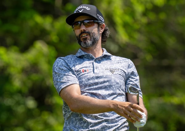 Canada's Adam Hadwin watches his tee shot on the 11th hole during the third round of the Canadian Open golf tournament in Caledon, Ontario, Saturday, June 7, 2025. (Frank Gunn/The Canadian Press via AP)