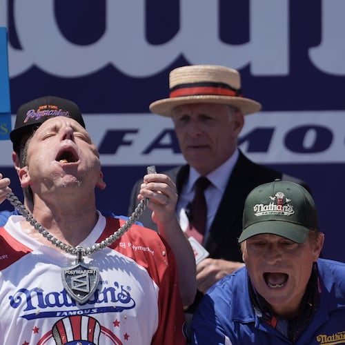 Joey Chestnut wins the 2026 Nathan's Famous Fourth of July hot dog eating contest at Coney Island in the Brooklyn borough of New York, Saturday, July 4, 2026. (AP Photo/Anna Connors)