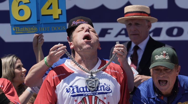 Joey Chestnut wins the 2026 Nathan's Famous Fourth of July hot dog eating contest at Coney Island in the Brooklyn borough of New York, Saturday, July 4, 2026. (AP Photo/Anna Connors)