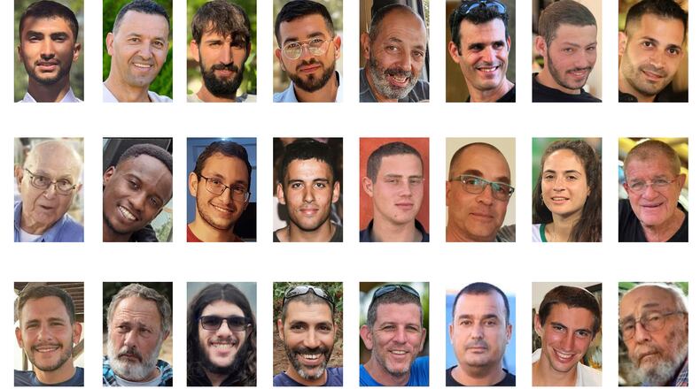 This Oct. 16, 2025, combination of images provided by Hostage's Family Forum shows some of the deceased that were held in Gaza when the latest ceasefire started, from top left, Bipin Joshi, Yossi Sharabi, Guy Illouz, Ran Gvili, Eitan Levi, Dror Or, Itay Chen, Uriel Baruch, second row from left, Amiram Cooper, Joshua Loitu Mollel, Tamir Nimrodi, Oz Daniel, Omer Neutra, Lior Rudaeff, Inbar Hayman, Meny Godard, third row from left, Daniel Peretz, Eliyahu Margalit, Sahar Baruch, Tamir Adar, Tal Haimi, Muhammad Al-Atarash, Hadar Goldin and Arie Zalmanovich. (Hostage's Family Forum via AP)
