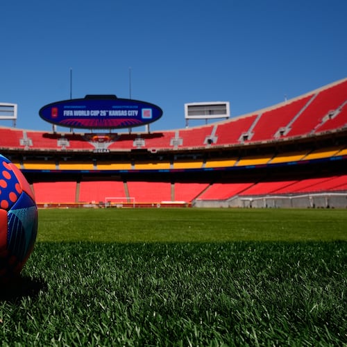 A general view of Arrowhead Stadium as it is rebranded as Kansas City Stadium, Monday, May 11, 2026, ahead of the 2026 FIFA World Cup soccer matches in Kansas City, Mo. (AP Photo/Charlie Riedel)