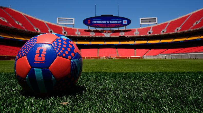 A general view of Arrowhead Stadium as it is rebranded as Kansas City Stadium, Monday, May 11, 2026, ahead of the 2026 FIFA World Cup soccer matches in Kansas City, Mo. (AP Photo/Charlie Riedel)
