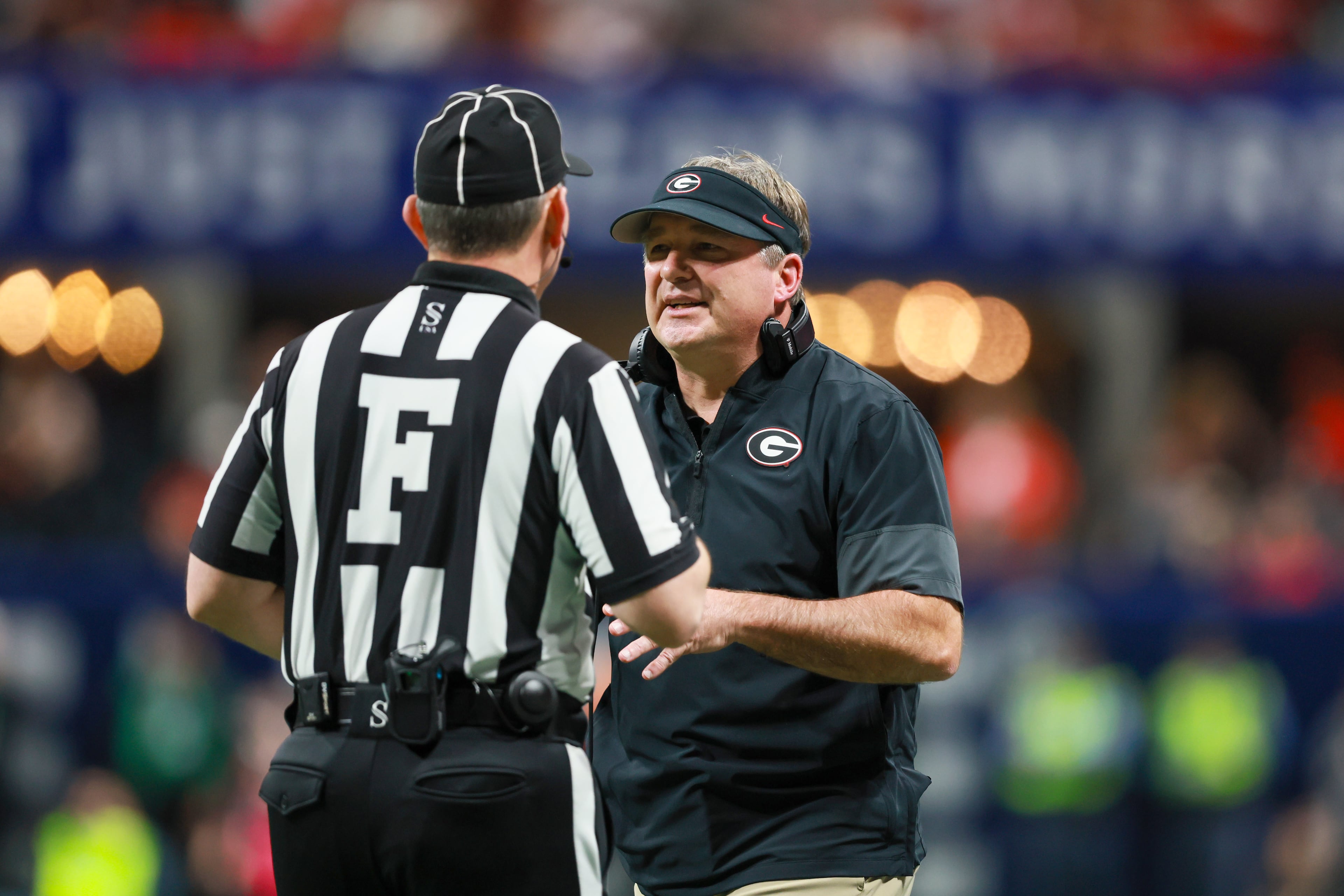 Georgia head coach Kirby Smart reacts on the sideline against Alabama during the second quarter of the SEC Championship game at Mercedes-Benz Stadium, Saturday, Dec. 6, 2025, in Atlanta. (Jason Getz / AJC)