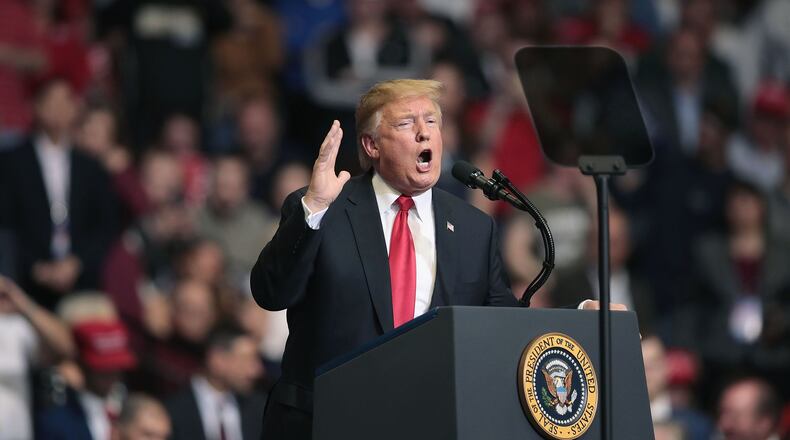 GRAND RAPIDS, MICHIGAN - MARCH 28: President Donald Trump speaks to supporters during a rally at the Van Andel Arena on March 28, 2019 in Grand Rapids, Michigan. Grand Rapids was the final city Trump visited during his 2016 campaign. (Photo by Scott Olson/Getty Images)