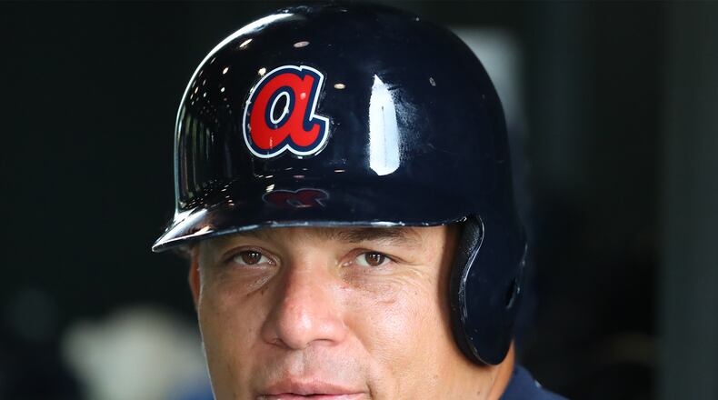 The Braves Bartolo Colon is little threat when wearing a batting helmet. It's on the mound where the team needs him to step up. (Curtis Compton/ccompton@ajc.com)