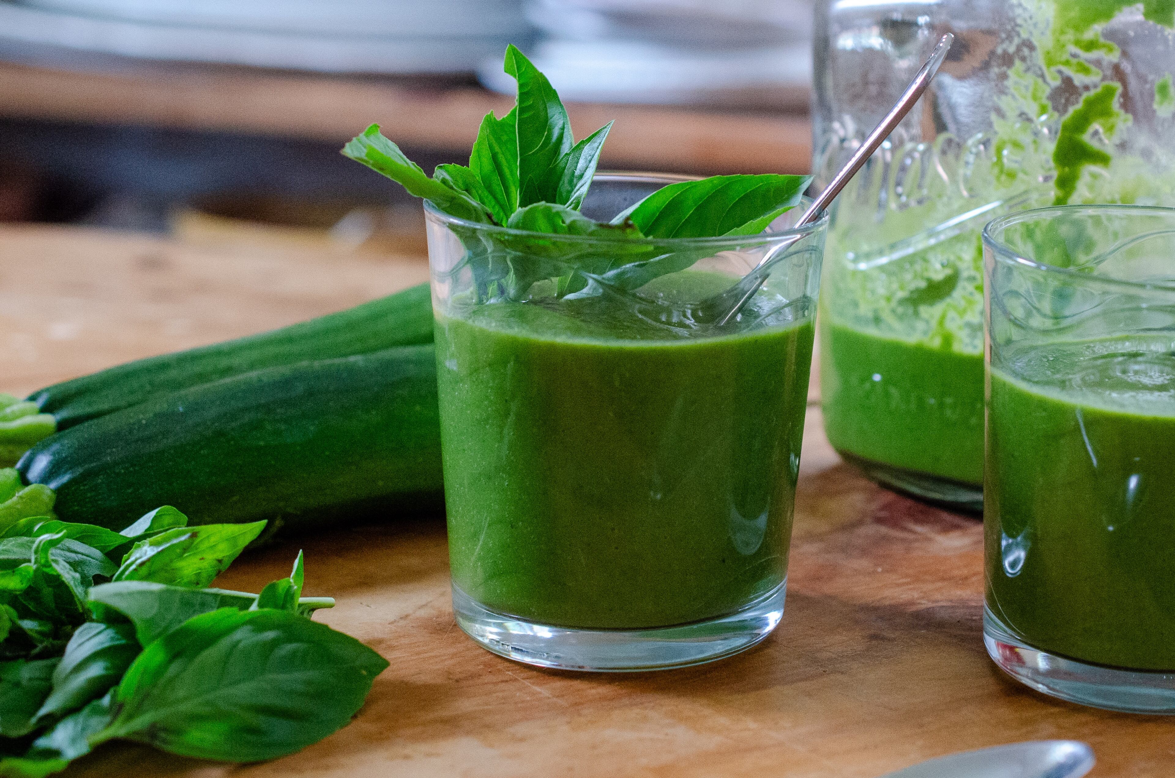 Bright green and full of flavor, Chilled Basil Zucchini Soup is a zesty and refreshing summer soup. (Virginia Willis for the AJC)