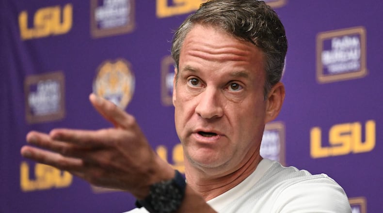 FILE - LSU football head coach Lane Kiffin speaks during a news conference at the LSU Football Operations Facility in Baton Rouge, La., Feb. 4, 2026. (Hilary Scheinuk/The Advocate via AP, File)