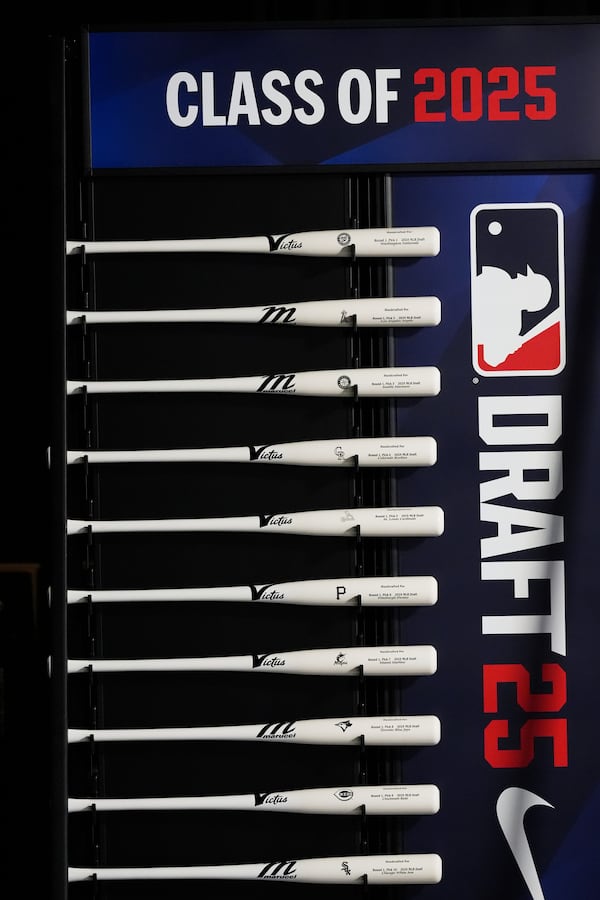 Specialized baseball bats are seen on display before the first round of the MLB baseball draft Sunday, July, 13, 2025 in Atlanta. (AP Photo/Mike Stewart)