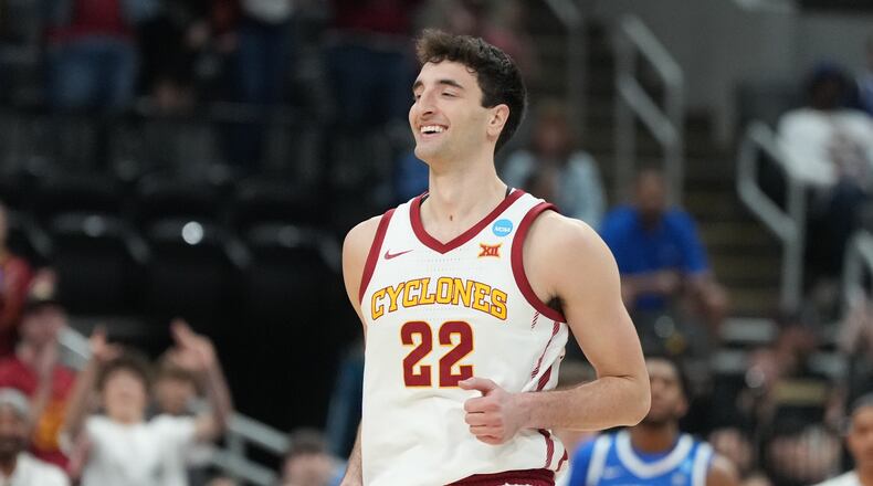FILE -Iowa State's Milan Momcilovic celebrates during the second half in the second round of the NCAA college basketball tournament against Kentucky, Sunday, March 22, 2026, in St. Louis. (AP Photo/Jeff Roberson, File)