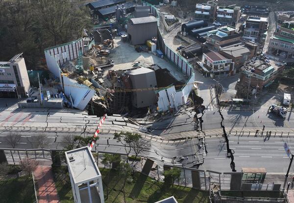 A subway tunnel construction site collapses in Gwangmyeong, South Korea, Friday, April 11, 2025. (Hong Ki-won/Yonhap via AP)