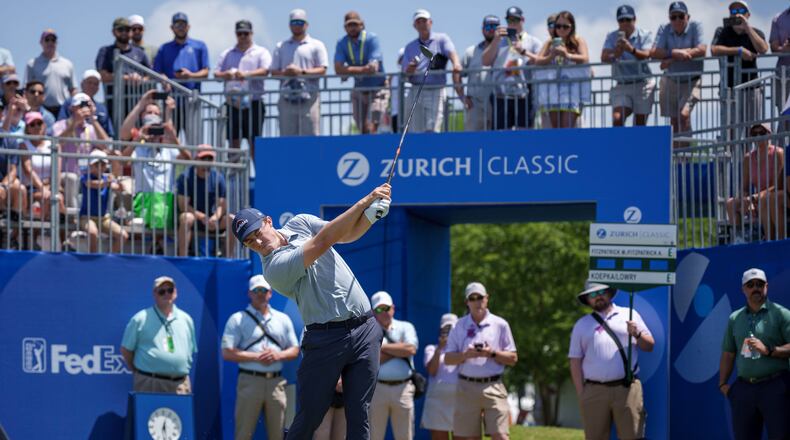 Matt Fitzpatrick, of England, tees off on the first hole during the first round of the PGA Zurich Classic golf tournament, Thursday, April 23, 2026, in Avondale, La. (AP Photo/Matthew Hinton)