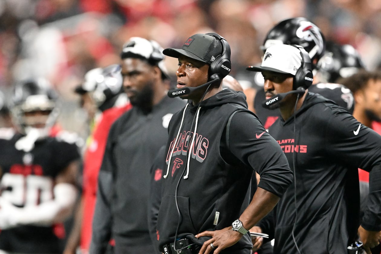 Falcons coach Raheem Morris, pictured coaching against the Titans on Aug. 15, said on the first day of the team's organized team activities that his top goal for his second year as Atlanta's coach was "being able to identify problems faster." (Hyosub Shin / AJC)