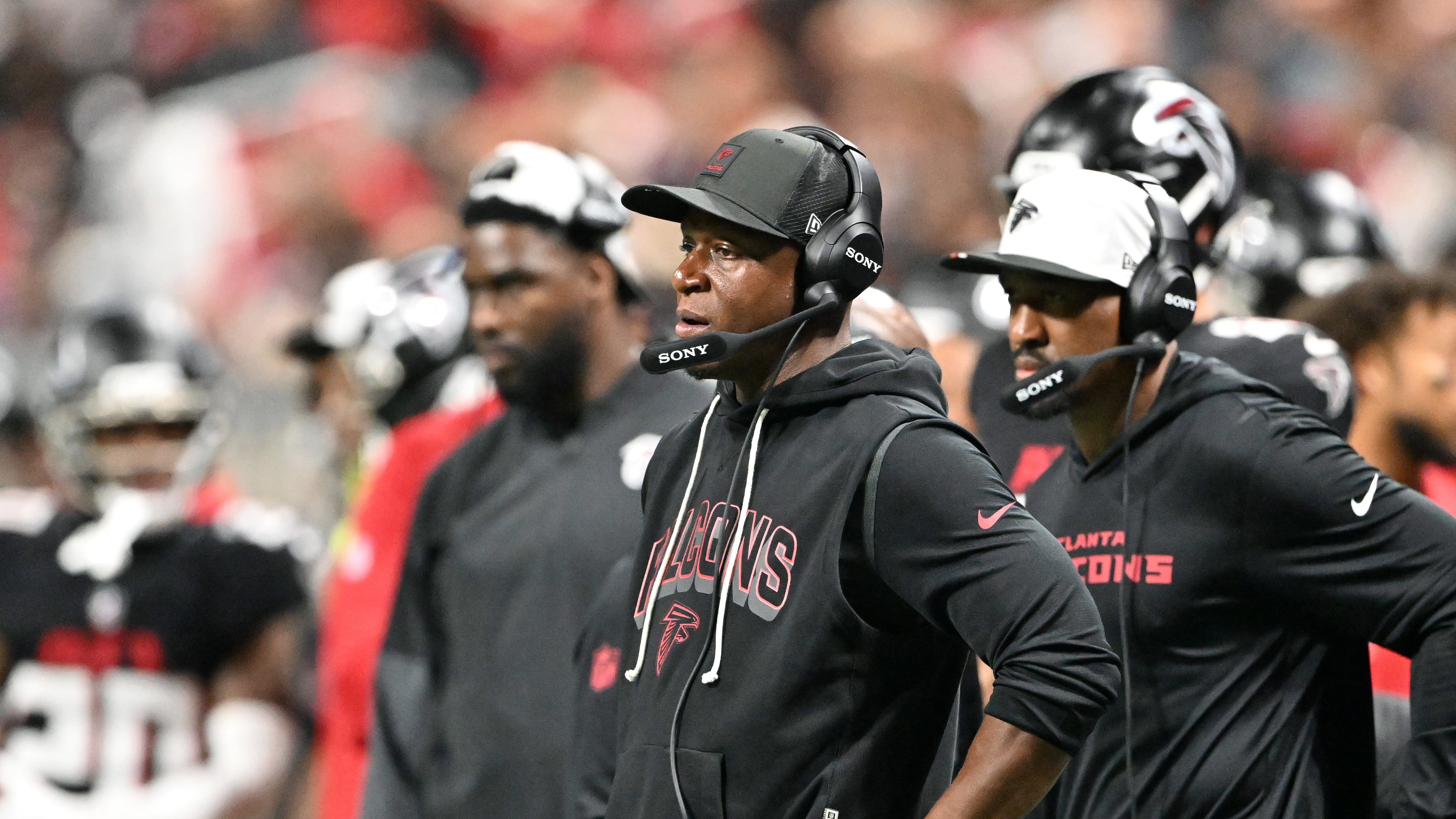 Atlanta Falcons head coach Raheem Morris reacts during the second half of an NFL preseason game at Mercedes-Benz Stadium, Friday, August 15, 2025, in Atlanta. The Tennessee Titans won 23-20 over the Atlanta Falcons. (Hyosub Shin/AJC)