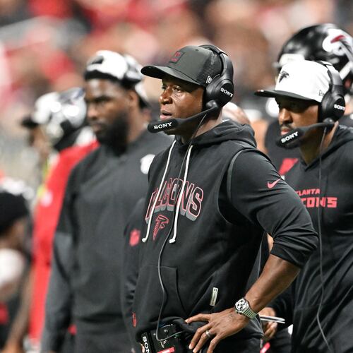 Atlanta Falcons head coach Raheem Morris reacts during the second half of an NFL preseason game at Mercedes-Benz Stadium, Friday, August 15, 2025, in Atlanta. The Tennessee Titans won 23-20 over the Atlanta Falcons. (Hyosub Shin/AJC)