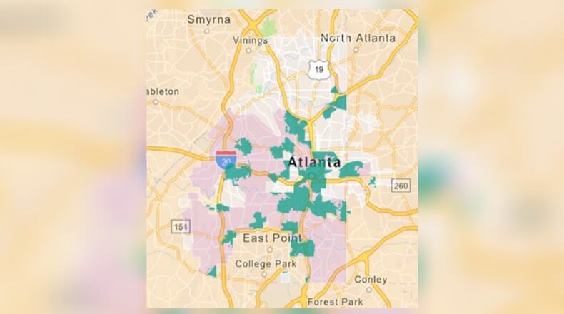 The green portions of this map show parts of Atlanta that formerly had low access to fresh food but now have a grocery store or market nearby. The pink parts are currently defined as low-income and low-access. Credit: City of Atlanta Fresh Food Access Report)