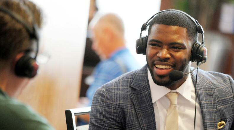 Georgia Tech’s KeShun Freeman is interviewed on sports talk radio during the 2017 ACC Football Kickoff media event in Charlotte, N.C., Friday July 14, 2017. (Photo by Sara D. Davis, the ACC.com)