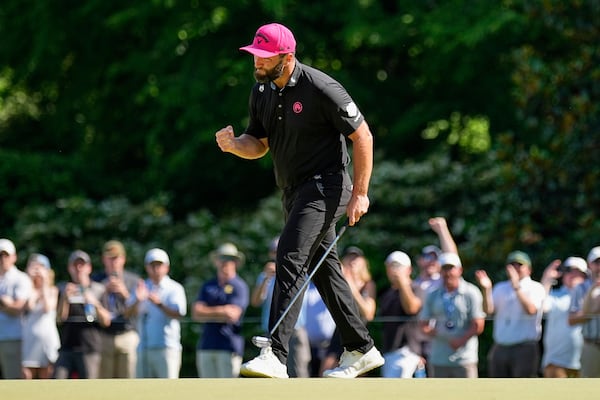Jon Rahm, of Spain, celebrates after a birdie on the 11th hole during the final round of the PGA Championship golf tournament at the Quail Hollow Club, Sunday, May 18, 2025, in Charlotte, N.C. (AP Photo/George Walker IV)