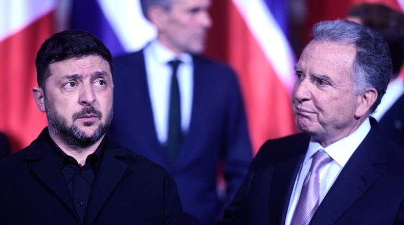 FILE - Ukraine's President Volodymyr Zelenskyy, left, and Steve Witkoff, special envoy of the United States, meet at the chancellery in Berlin, Germany, on Dec. 15, 2025. (AP Photo/Markus Schreiber, Pool)