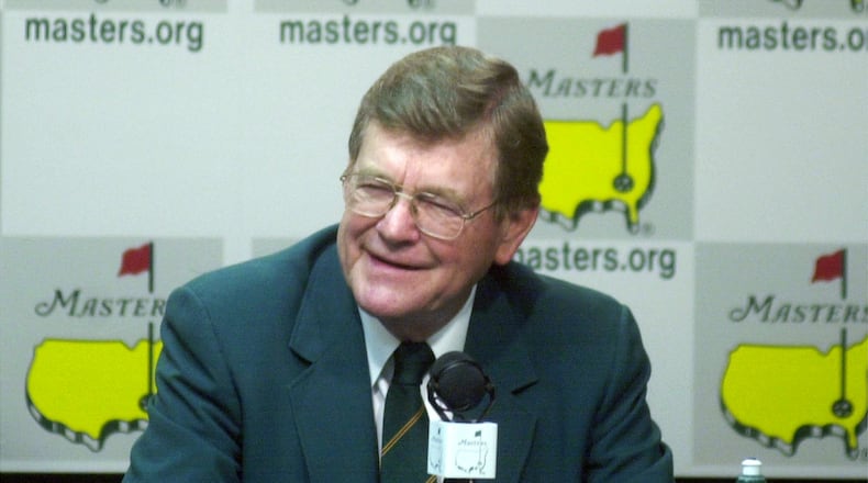 Augusta National Chairman Hootie Johnson is shown during a news conference on April 4, 2001. Johnson's history at Augusta National goes back to 1935, the year Gene Sarazen holed his 235-yard shot for double eagle on No. 15 and put the Masters on the map. Johnson was only 4, but it must have made quite an impression. His short tenure as Augusta National chairman already is filled with drastic moves. Johnson died Friday at age 86. (AP Photo/The Augusta Chronicle, Chris Thelen)