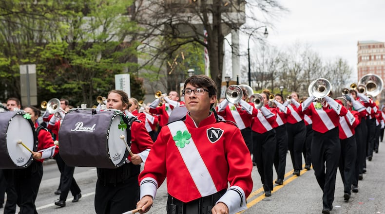 A marching band performs during the 2017 Atlanta St. Patrick's Day parade.
