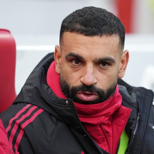 Liverpool's Mohamed Salah sits on the bench before the English Premier League soccer match between Liverpool and Brighton and Hove Albion in Liverpool, England, Saturday, Dec. 13, 2025. (AP Photo/Jon Super)