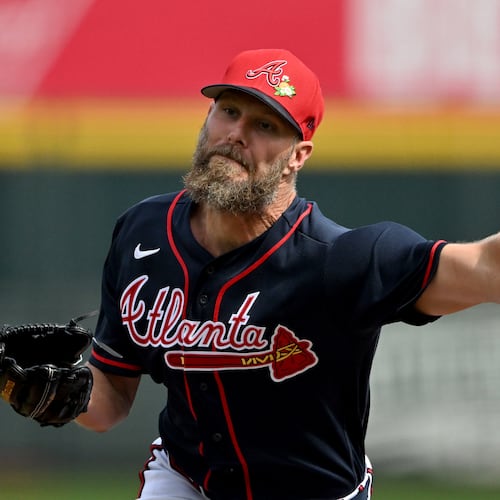 Atlanta Braves pitcher Chris Sale throws a live batting practice session during spring training workouts at CoolToday Park, Thursday, Feb. 12, 2026, in North Port, Fla. (Hyosub Shin/AJC)