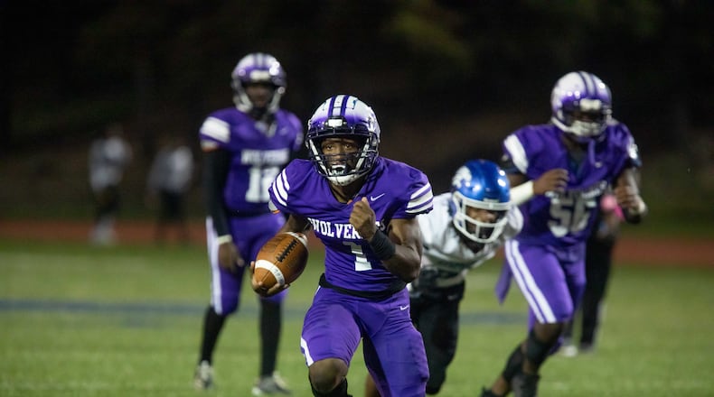 Miller Grove's Jayden Brown (1) runs the ball for a touchdown during a GHSA high school football game between Stephenson High School and Miller Grove High School at James R. Hallford Stadium in Clarkston, GA., on Friday, Oct. 8, 2021. (Photo/Jenn Finch)
