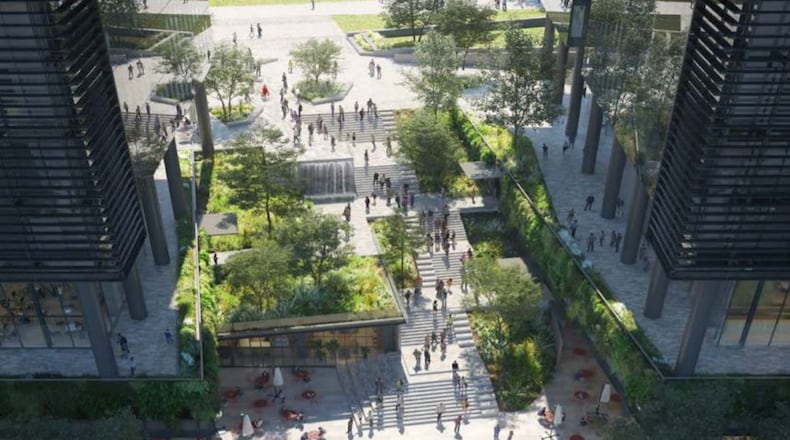 A rendering of the proposed mixed-use development by developer New City. The company has proposed a mix of office towers, apartments, a hotel and retail. The company is seeking $22.5 million in tax breaks for a portion of the project that critics say is a giveaway for coveted land that will be developed anyway. SPECIAL TO THE AJC