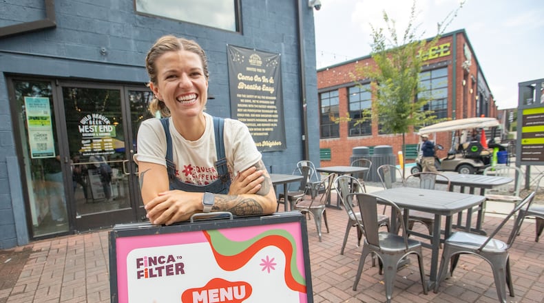 Kayla Bellman is at her coffee stand Finca to Filter on the westside of the Beltline in the Wild Heaven West End Brewery building on Thursday, July 27, 2023.