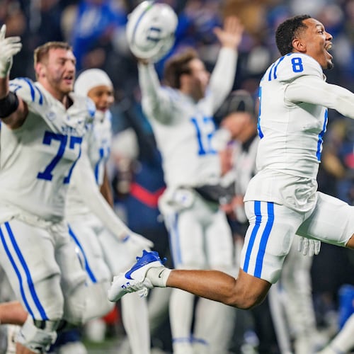 Duke wide receiver Jayden Moore (8) reacts after winning the Atlantic Coast Conference championship NCAA college football game against Virginia, Saturday, Dec. 6, 2025, in Charlotte, N.C. (AP Photo/Jacob Kupferman)