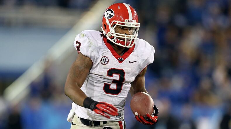 Todd Gurley #3 of the Georgia Bulldogs runs with the ball during the game against the Kentucky Wildcats at Commonwealth Stadium on October 20, 2012 in Lexington, Kentucky.