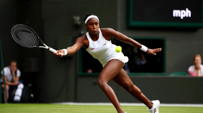 Cori Gauff of the United States plays a forehand in her Ladies' Singles first round match against Venus Williams of The United States during Day one of The Championships - Wimbledon 2019 at All England Lawn Tennis and Croquet Club on July 01, 2019 in London, England. (Photo by Clive Brunskill/Getty Images)