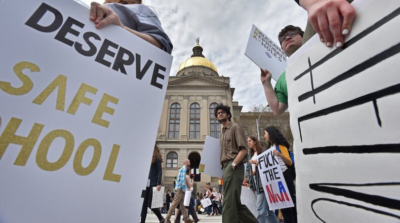 Thousands of people march to Liberty Plaza during the March For Our Lives rally in downtown Atlanta on Saturday, March 24, 2018. Atlanta police estimated the crowd at near 30,000 for that March for Our Lives. Projections for participation in students events on April 20, the anniversary of the Columbine school shooting, are lower. HYOSUB SHIN / HSHIN@AJC.COM