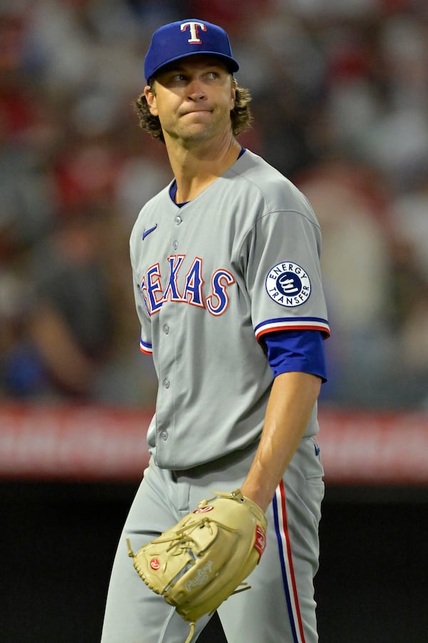 Texas Rangers starting pitcher Jacob deGrom walks off the mound following the fifth inning of a baseball game against the Los Angeles Angels, Monday, July 7, 2025, in Anaheim, Calif. (AP Photo/Jayne Kamin-Oncea)