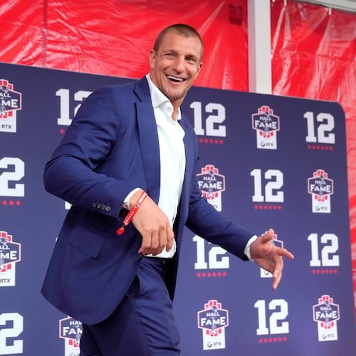 FILE - Former New England Patriots tight end Rob Gronkowski arrives for the Patriots Hall of Fame induction ceremony for former Patriots quarterback Tom Brady, at Gillette Stadium on June 12, 2024, in Foxborough, Mass. (AP Photo/Steven Senne, File)