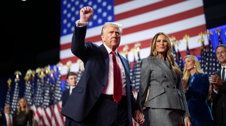 Former President Donald Trump, the Republican presidential nominee, walks off stage with Melania Trump during an election night event in West Palm Beach, Fla., Nov. 6, 2024. Viktor Orban of Hungary and other right-wing European politicians hail the return of a U.S. president who shares their tough views on issues like immigration. (Doug Mills/The New York Times)