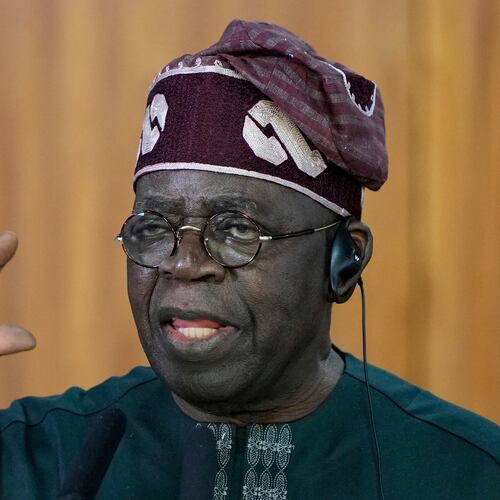 FILE - Nigeria's President Bola Tinubu gives a joint statement with Brazil's President Luiz Inacio Lula da Silva, at the Planalto presidential palace, in Brasilia, Brazil, Aug. 25, 2025. (AP Photo/Eraldo Peres, File)