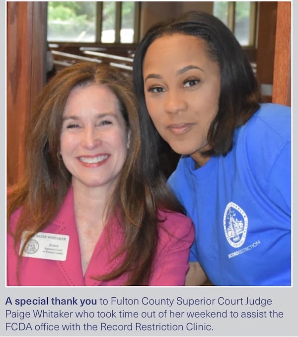 Fulton DA Fani Willis (right) and Fulton Superior Court Judge Paige Reese Whitaker during friendlier times (Photo from Fulton DA newsletter)