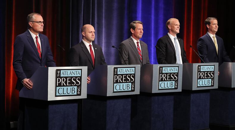 Republican candidates for governor Casey Cagle, from left, Hunter Hill, Brian Kemp, Clay Tippins and Michael Williams participate Thursday in the Atlanta Press Club Republican primary debate at the Georgia Public Broadcasting studios in Atlanta. Curtis Compton/ccompton@ajc.com
