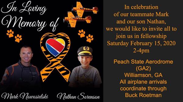 A memorial service for both families is set for Saturday at 2 p.m. at the Peach State Aerodome in Williamson.